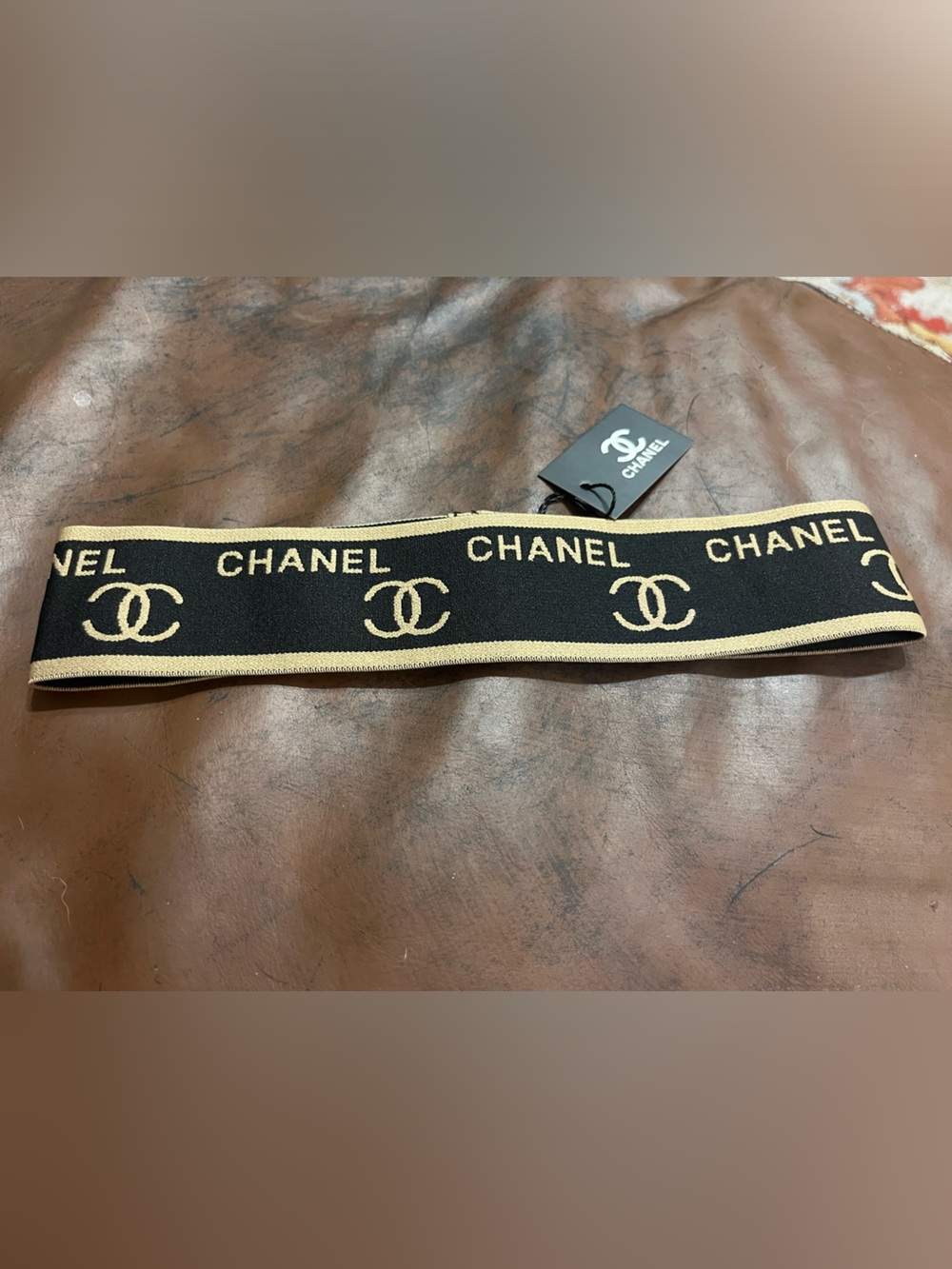 ⚫️ Double C Designer Spell Out Letter Logo Black Beige Stretch Headband